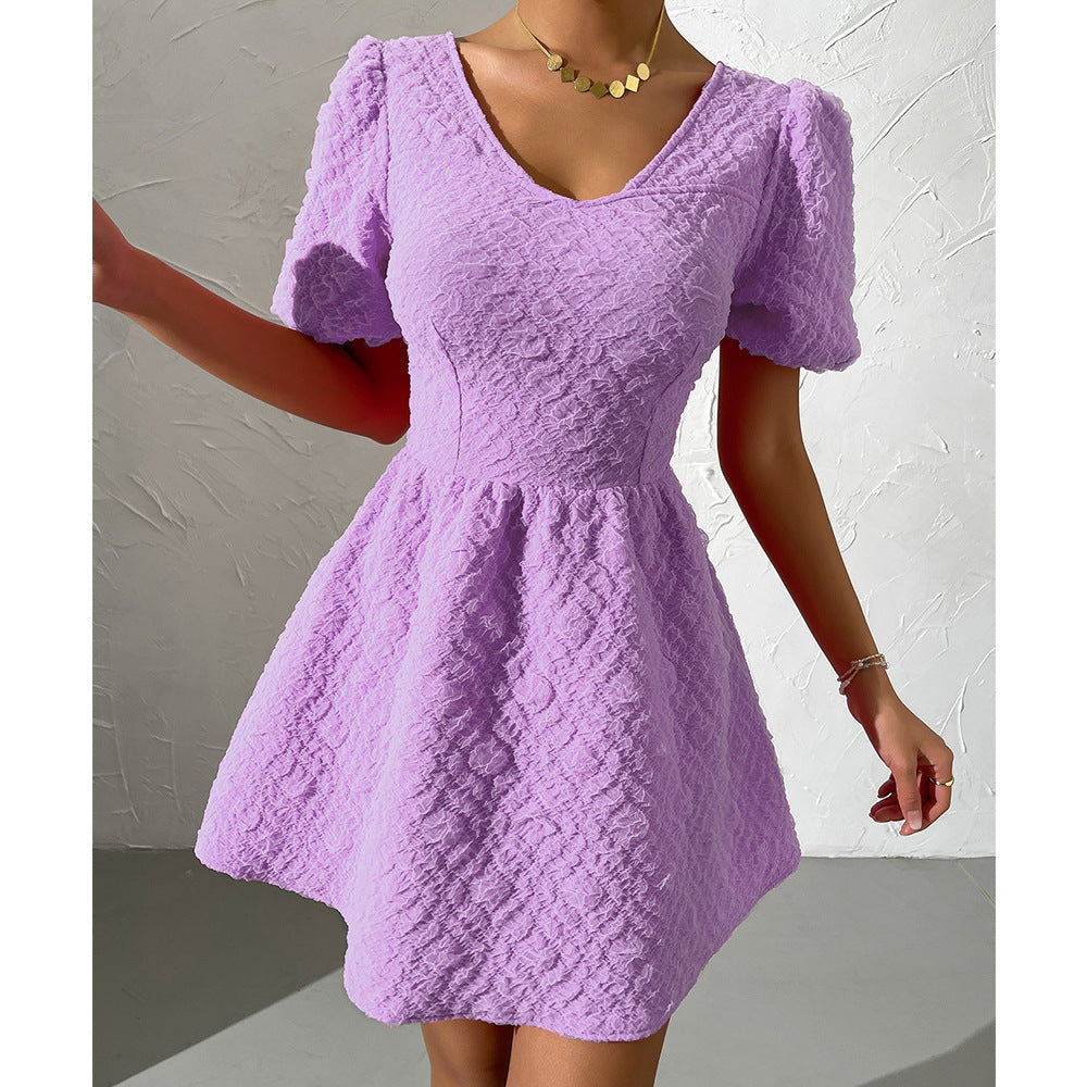 Summer Women Clothing Solid Color V neck Puff Sleeve Short Sleeve Dress for Women EBELIAN