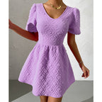 Summer Women Clothing Solid Color V neck Puff Sleeve Short Sleeve Dress for Women EBELIAN