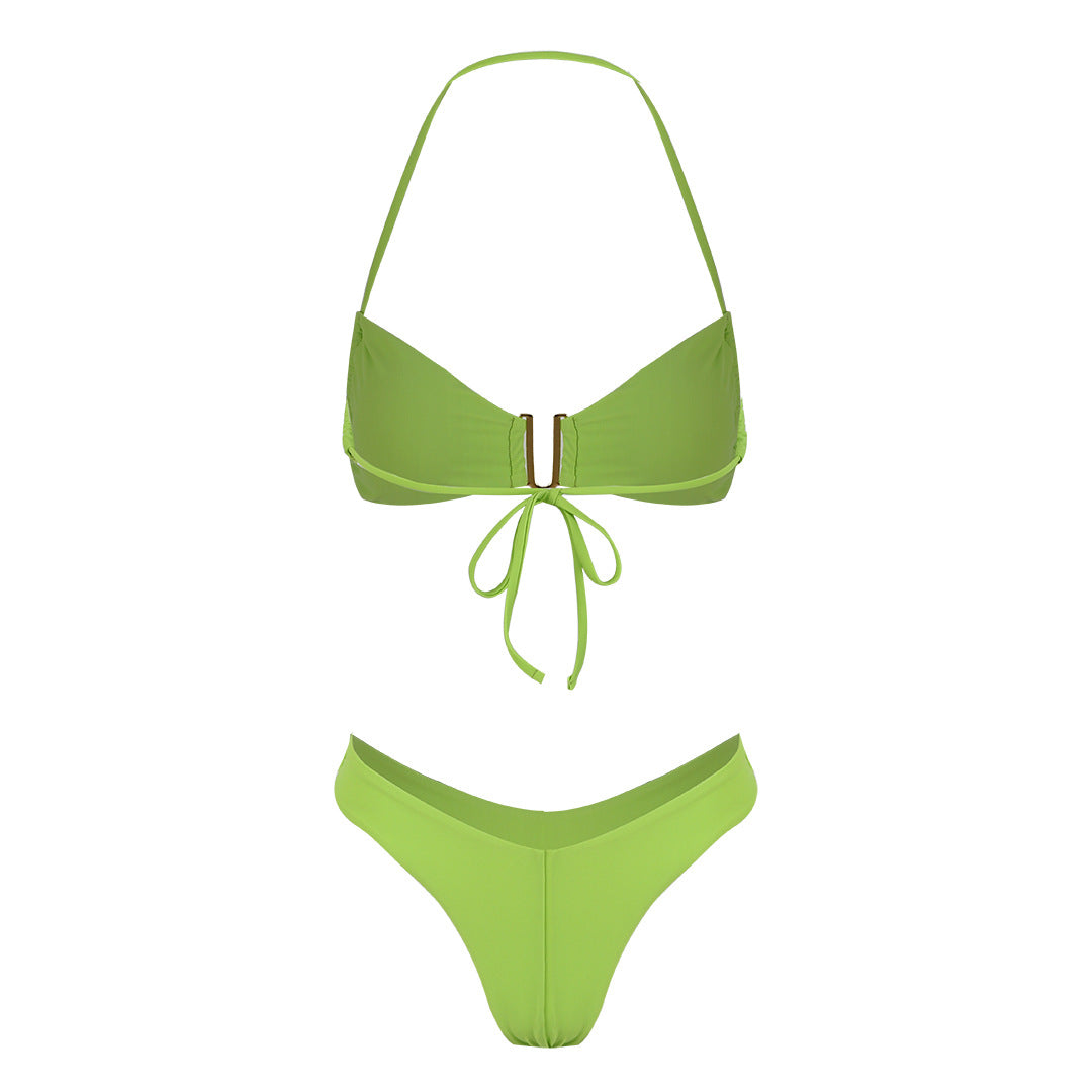 Bikini de cintura baja con abertura alta y color sólido fresco, traje de baño sexy dividido para mujer