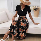 Women Clothing Summer Printed V neck Sexy Mid Length Maxi Dress NEWMELANCE
