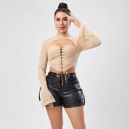 Top corto ajustado de malla con tirantes y cuello medio alto, informal, sin espalda, de color sólido, sexy, para mujer, para otoño