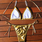 Swimsuit Women Sexy Backless Halter Lace up Bikini Golden Swimsuit Chimie