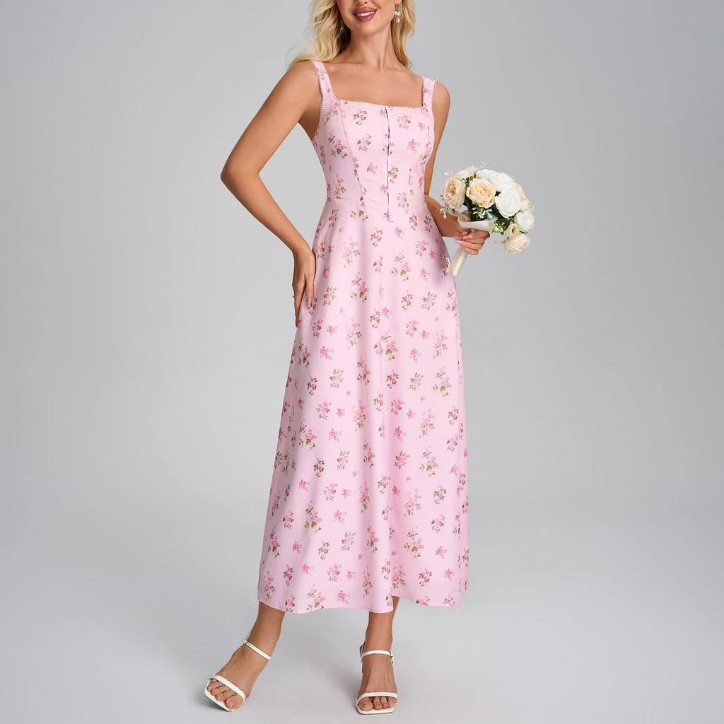 Summer Printing Slip Dress Sexy Square Collar Backless Lace up Slim Vacation Dress SUNSHINE