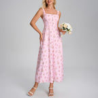 Summer Printing Slip Dress Sexy Square Collar Backless Lace up Slim Vacation Dress SUNSHINE