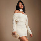 Women Summer Halter Ribbon Texture Slim Fit Slimming off Shoulder Hip Dress Yiskiss