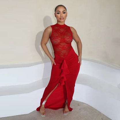 Sexy Women Clothing Sexy See through Lace Stitching Fishtail Dress