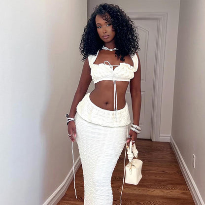 Women Clothing Autumn Lace up Cropped Pleated Sexy Skirt Set