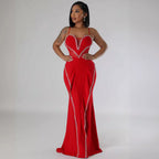 Sexy Rhinestone Mesh See Through Stitching Lace Hip Elastic Sling Dress WINNIEYA