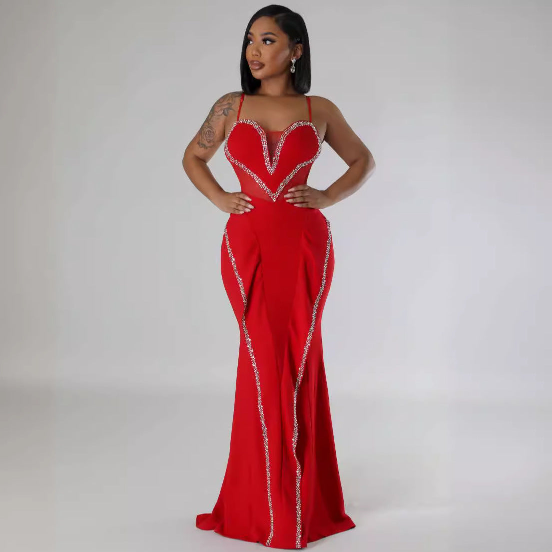 Sexy Rhinestone Mesh See Through Stitching Lace Hip Elastic Sling Dress WINNIEYA