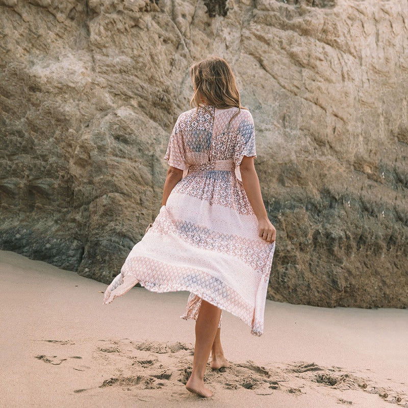 Spring Printed Dress Women Bohemian Irregular Asymmetric Pattern Print Beach Sun Shield Hanfu Long Robe Women
