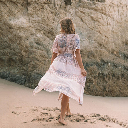 Spring Printed Dress Women Bohemian Irregular Asymmetric Pattern Print Beach Sun Shield Hanfu Long Robe Women