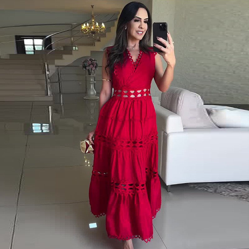 Palace Hollow Out Cutout out Embroidered V neck Slimming Long Sleeveless Dress RayWin