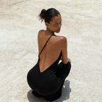 Sexy Lace up Big Back Exposure Dress Design Solid Color One Shoulder Slim Fit Maxi Dress LingSharp
