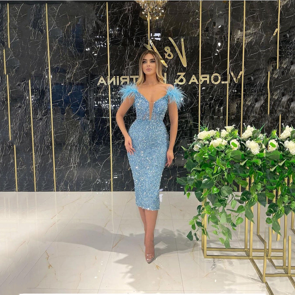 Spring Summer Women Deep V Plunge Sequ Sexy Evening Dress Feather Sequ Sleeveless Formal Dress SCC