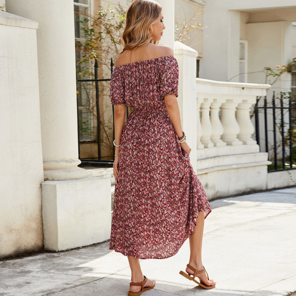 Women Floral off Shoulder Short Sleeve Retro Vacation Dress JoyMer