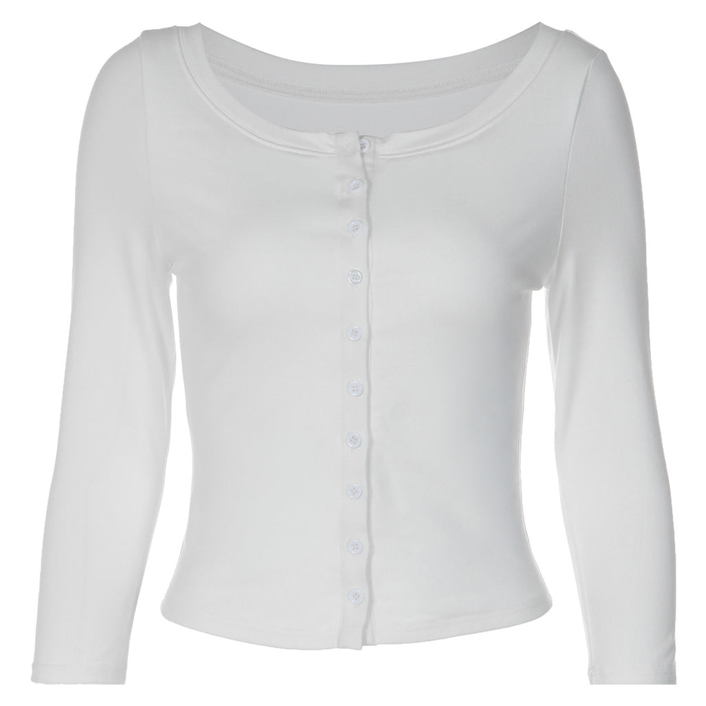 Women Clothing Casual Solid Color Slim Fit Long Sleeves All Matching Simple Single Breasted Top LAGERFELD