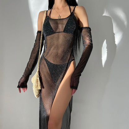 Beach Sexy Blouse Side Slit Mesh Solid Color Beach Half Sleeve Sets
