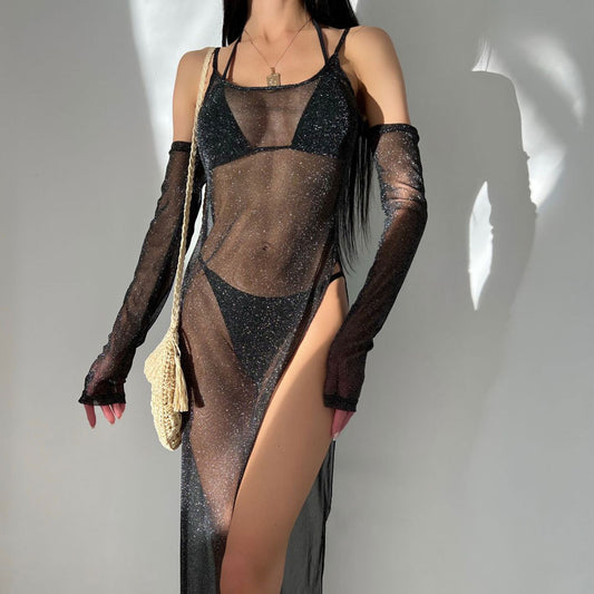 Beach Sexy Blouse Side Slit Mesh Solid Color Beach Half Sleeve Sets