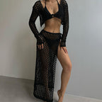 Summer Beach Women Solid Color Sexy Knitted Beach Bikini Swimsuit Blouse Sun Proof Set Mangar