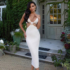 Summer Black White Red Slip Halter Cut out Waist Baring Dress Women Sight
