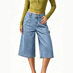 Summer Three Quarter Length Wide Leg Denim High Waist Loose Trendy All Matching Straight Women Jeans Shocen