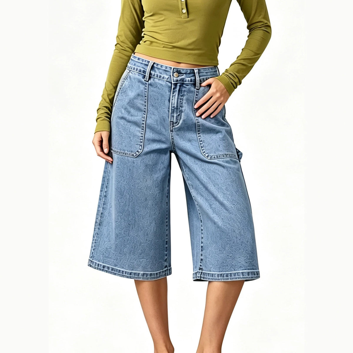 Summer Three Quarter Length Wide Leg Denim High Waist Loose Trendy All Matching Straight Women Jeans Shocen