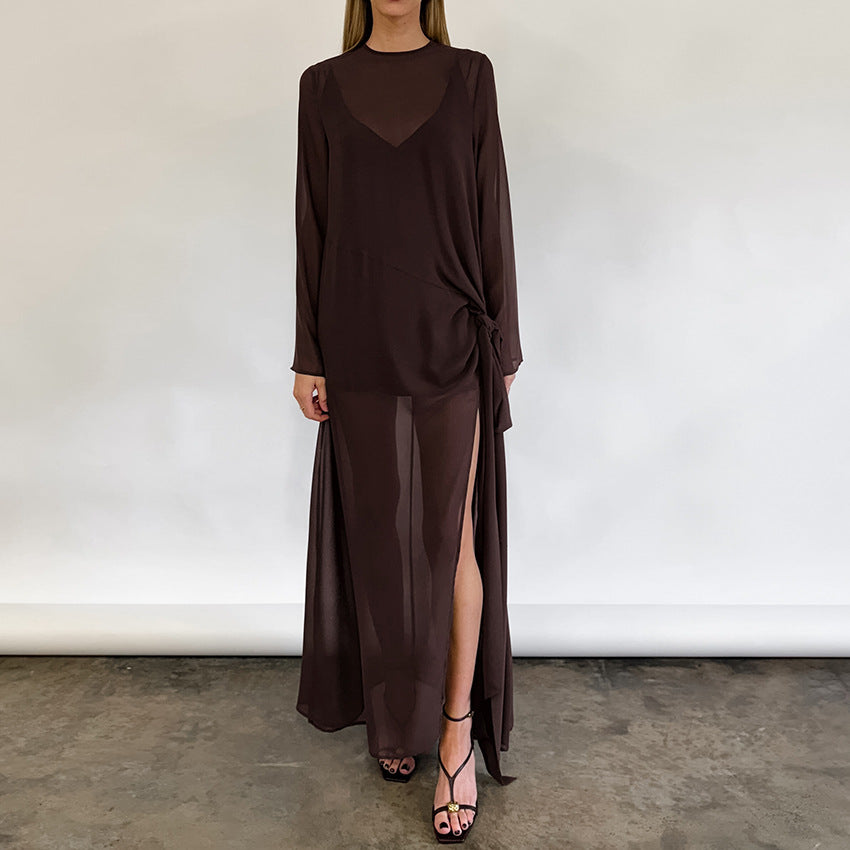 Spring Summer Arrival Mesh See through round Neck Long Sleeve Lace up Bow Split Dress Women FOREVEREIGHTEEN