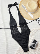 Solid Color Sexy Slim Lace Stitching Halter Big Backless Swimsuit DOUBLEOUT