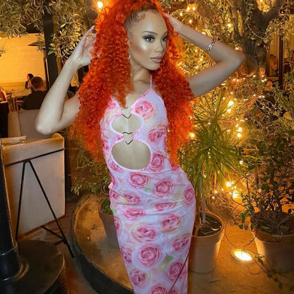 Vestido largo de verano sin mangas con estampado floral, encaje, costuras en forma de corazón, aberturas y cortes