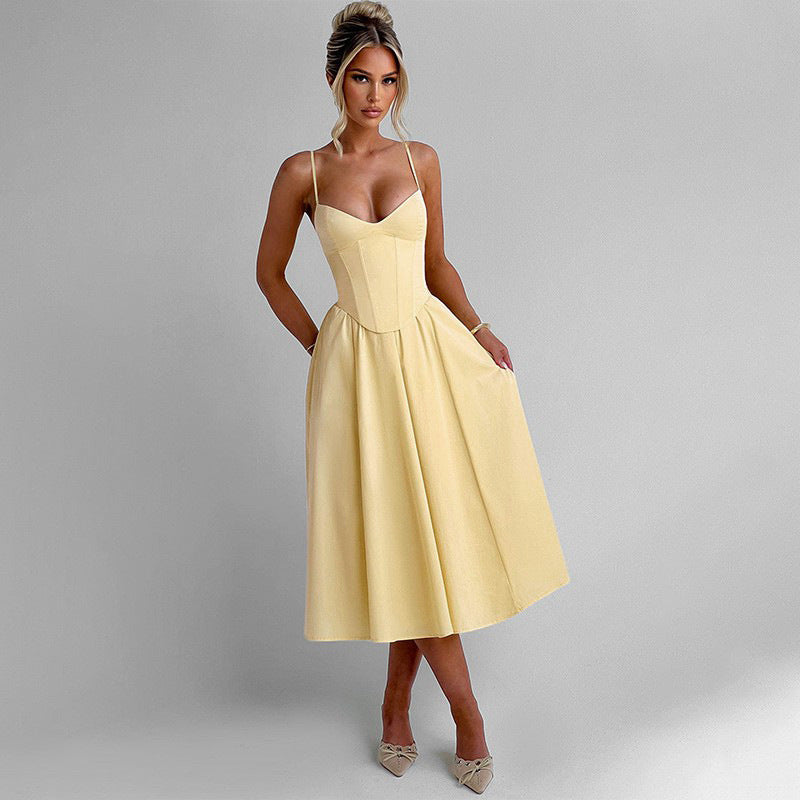 Fashionable Waist Strap Dress Spring Slim Fit Solid Color V neck Maxi Dress for Women WHATOWEAR