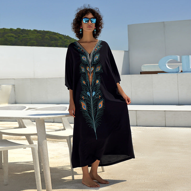 Vestido largo holgado de algodón con estampado para vacaciones, chaqueta de playa, vestido largo, blusa para cubrir bikini