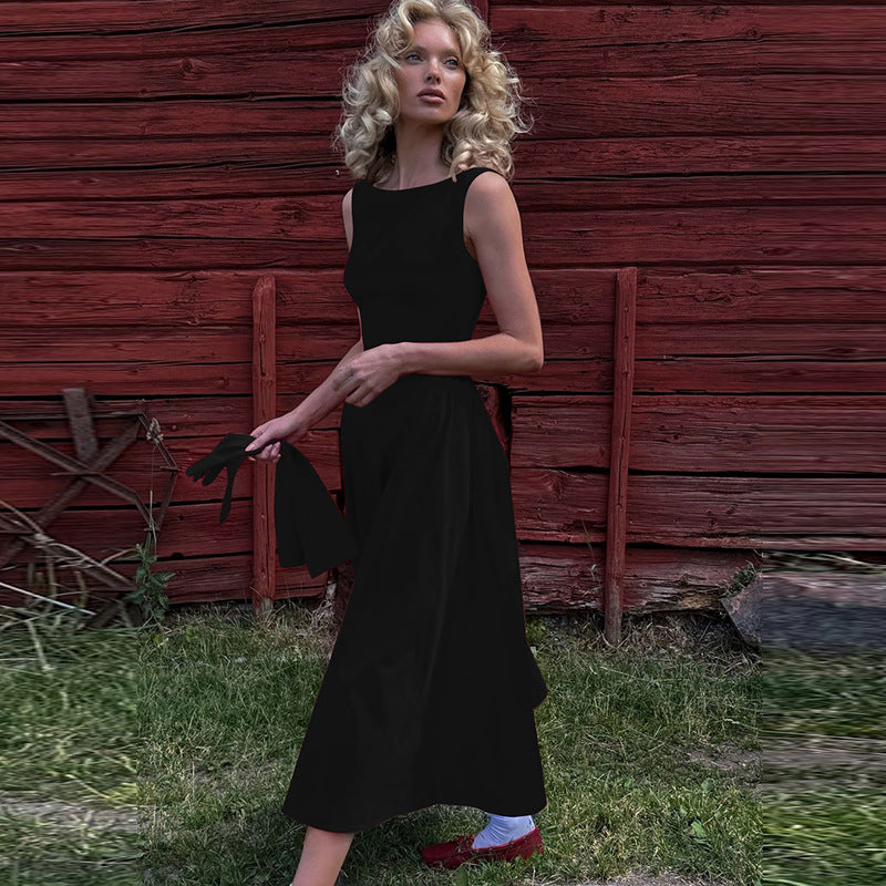 Women Clothing Summer Solid Color Sleeveless Waist Slim Backless Dress Flash Vision