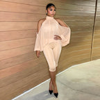 Women Clothing Autumn Winter Solid Color round Neck off the Shoulder Long Sleeve Top Tube Top Cropped Trousers Three Piece Set HONEYBADGER