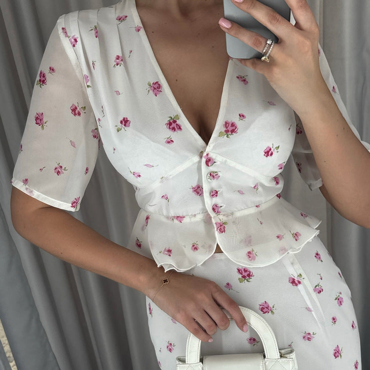 V neck Short Sleeve Cardigan Top Hip Skirt Two Piece Set Summer Printed Skirt Set for Women Kigali