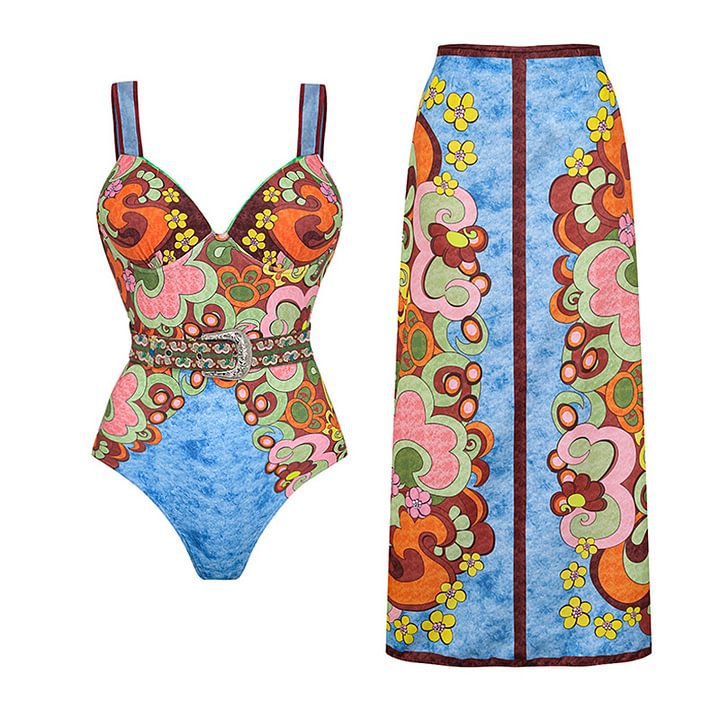 Vestido de dos piezas para mujer, traje de baño de una pieza con cinturón estampado y efecto adelgazante