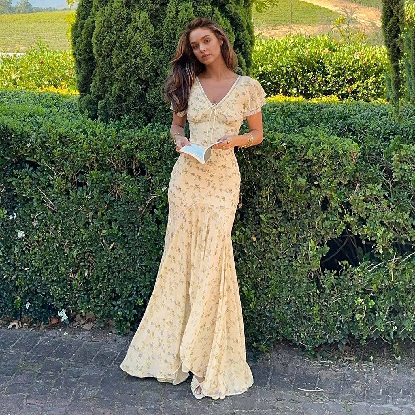 Summer French Elegant Floral Lace V neck Dress Wave Idyllic Vacation Asymmetric Skirt LingSharp