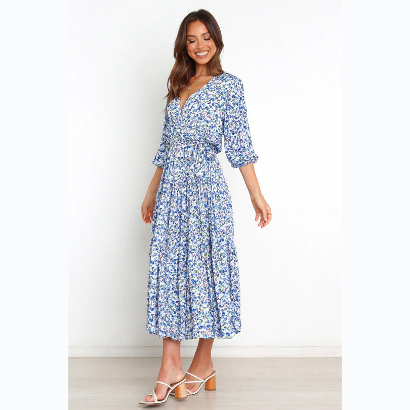 Spring Summer Floral Fresh Sweet Mid-Sleeve V neck Dress XUYUN