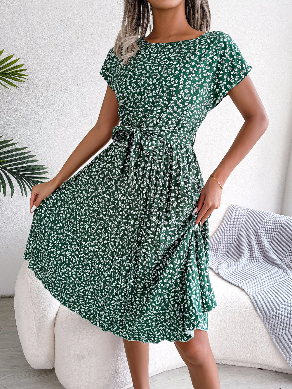 Spring Summer New Casual Short Sleeve Floral Large Hem Pleated Women Clothing BAGIISA