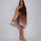 Sexy Solid Color Sleeveless Oblique Shoulder Hollow Out Cutout Pleated Waist Controlled Short Dress Venly