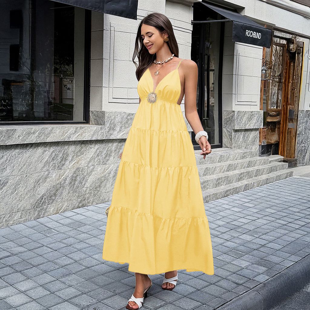 Women Clothing Summer Elegant Easy Matching Sling Long Dress Dee