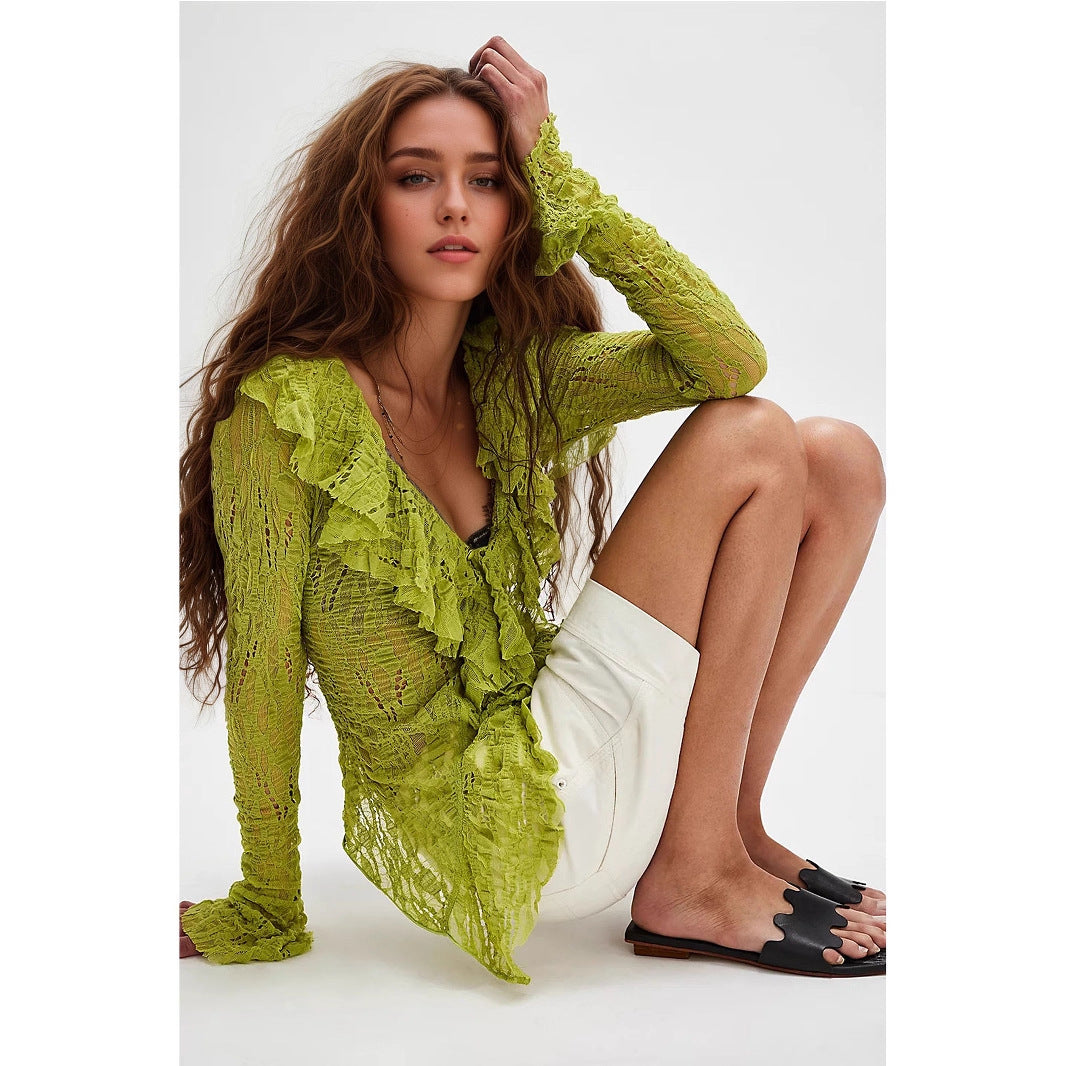 Lace V neck Shirt Women Autumn Ruffles Cardigan Long Sleeve Short Knitted Top Rogan