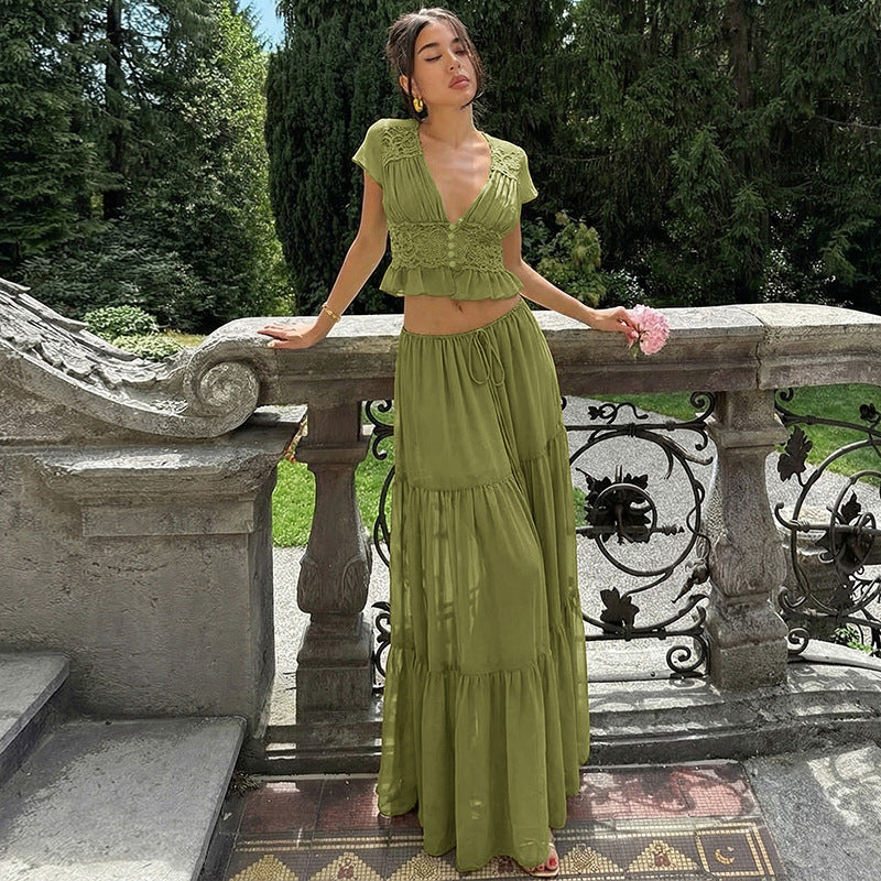 French Women Sexy Lace Chiffon Cardigan T shirt Loose See through Strap Dress LAGERFELD