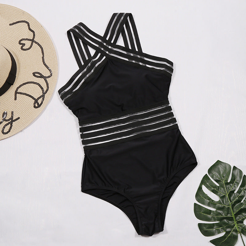 Traje de baño de una pieza ajustado con cuello halter y rayas para playa, color negro, sexy, para mujer