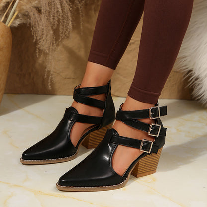 British High Heel Pointed Sandals Women Belt Buckle Chunky Heel Hollow Out Cutout Shoes