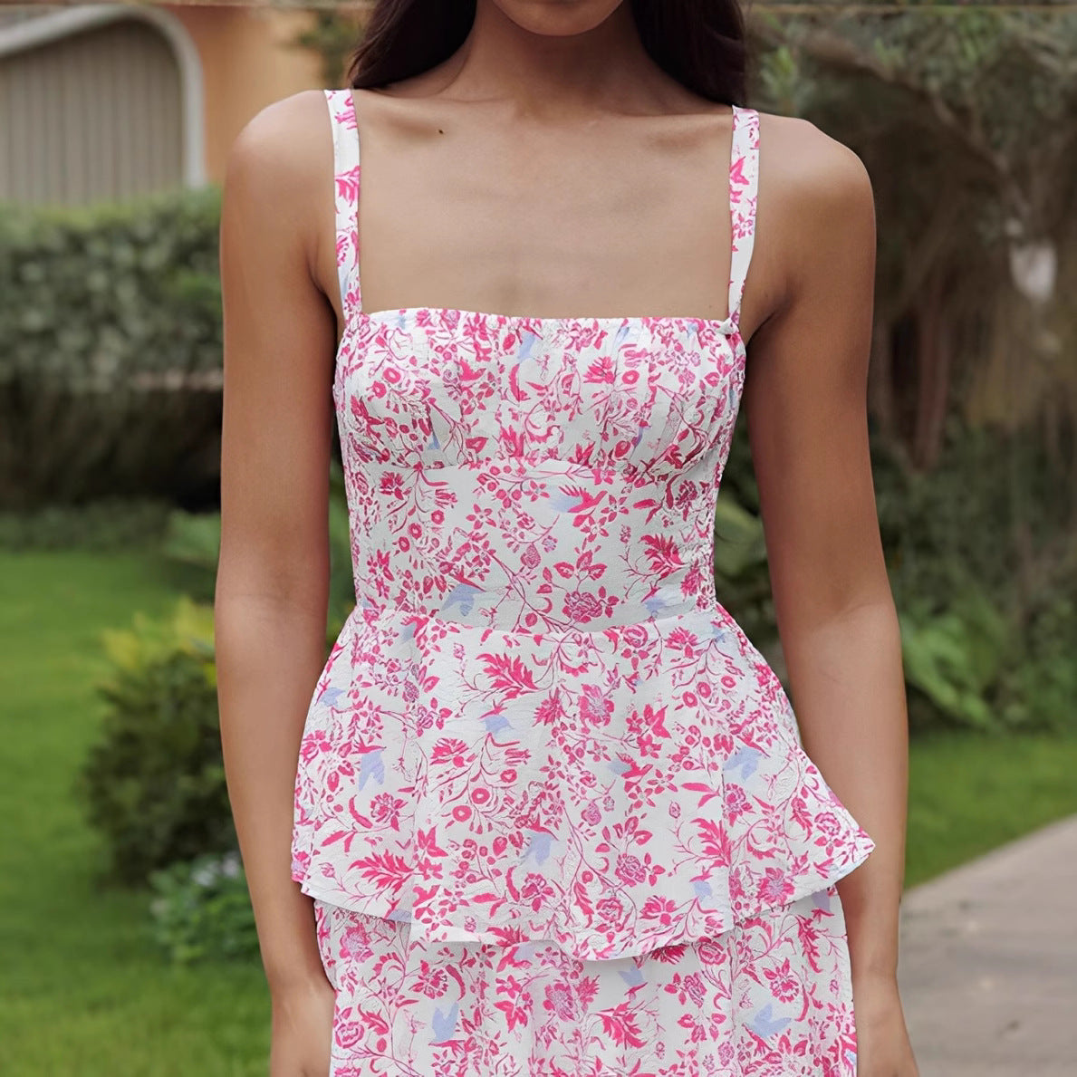 Spring Summer Women Sexy Strap Mid Length Floral Dress CONY