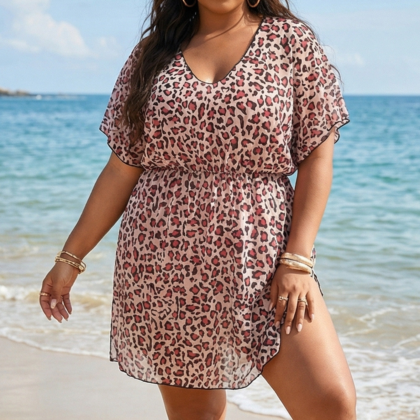 Women Clothes Leopard Print Printed Waist Controlled Split Beach Dress Sexy Deep V Plunge Tulle Dress Oyimi