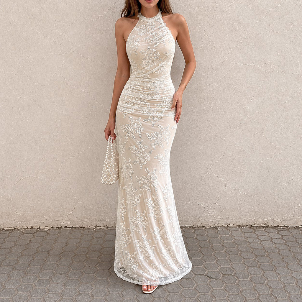 French Elegant Lace Stitching Ruffle Fitted Waist Backless Halter Dress Sexy Slim Vest Maxi Dress for Women LingSharp