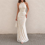 French Elegant Lace Stitching Ruffle Fitted Waist Backless Halter Dress Sexy Slim Vest Maxi Dress for Women LingSharp