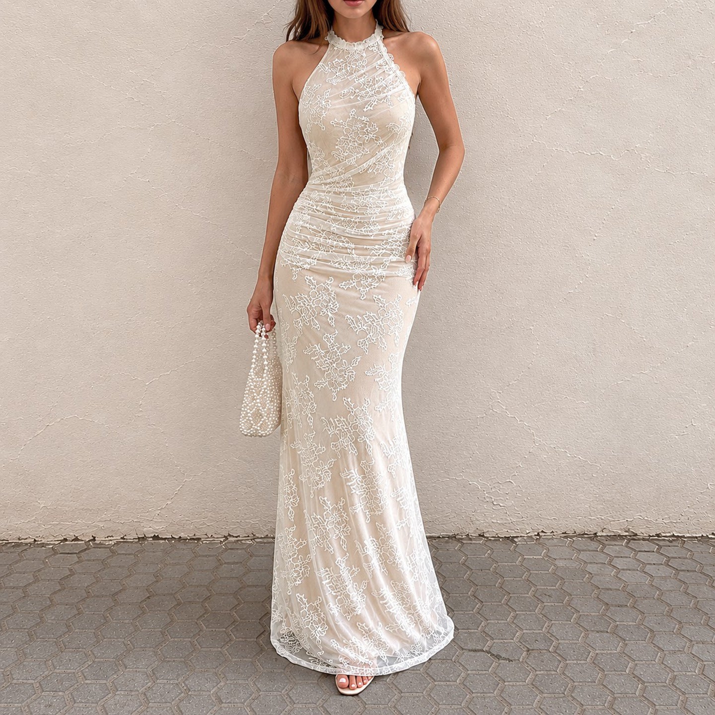 French Elegant Lace Stitching Ruffle Fitted Waist Backless Halter Dress Sexy Slim Vest Maxi Dress for Women LingSharp