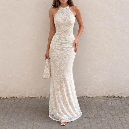 French Elegant Lace Stitching Ruffle Fitted Waist Backless Halter Dress Sexy Slim Vest Maxi Dress for Women LingSharp